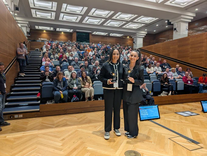 This year’s Jacqui Forster Memorial Award Kiki Christofi and Hina Shafi, founders of the SupportHERS Collective, collect their trophies at the FSA AGM. 