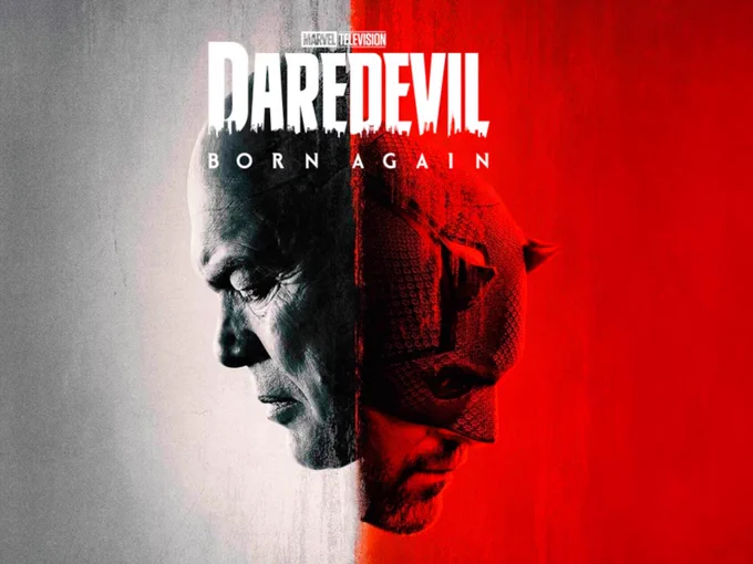 A promotional image for Daredevil: Born Again, featuring Wilson Fisk and Matt Murdock.