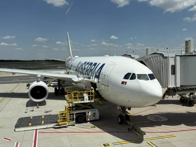 Air Serbia A330 parked and ready to board