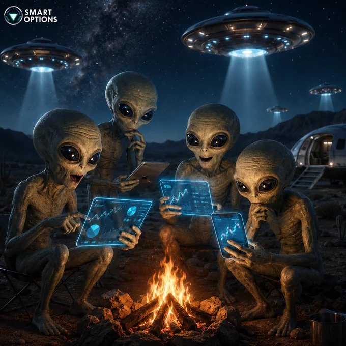 A cinematic night scene shows four friendly gray aliens sitting around a campfire in a desert, using glowing phones and holographic screens with crypto wallet-style charts. Several UFOs hover above them with bright beams of light, while a small SmartOptions logo appears in the top-left corner.
