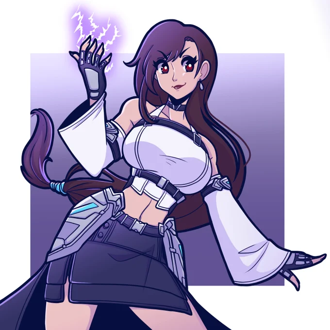 digital artwork of tifa in her black mage attire from the latest ffvii remake: revelation trailer. she's posing with a smile and her right hand held up, purple and white electricity crackling around her fingers.