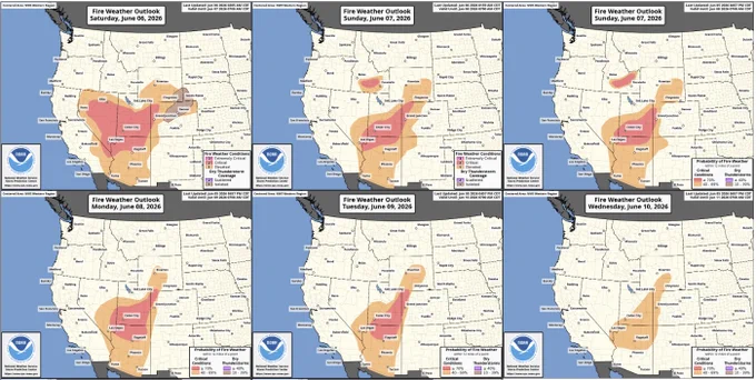 Multi-panel map snapshot from NWS Storm Prediction Center highlighting widespread regions of elevated or critical fire weather conditions across the interior West (but NOT the West Coast) each day for at least the next 6 days.