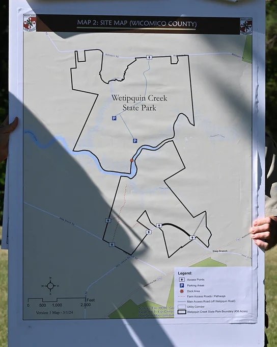 Detailed site map titled "Map 2: Site Map (Wicomico County)" showing the boundaries of Wetipquin Creek State Park. The map includes annotations for trails, roads, and access points. A legend at the bottom right explains the symbols used.
