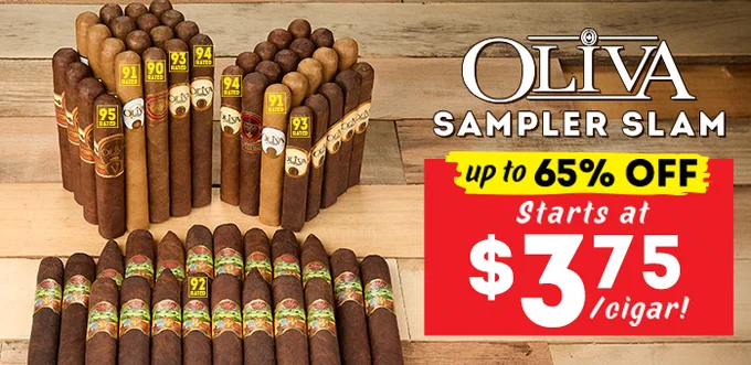 Boxes of cigars are displayed in groups on a wooden surface. The image features a promotion for "Oliva Sampler Slam" with a discount of up to 65% off, starting at $3.75 per cigar. Cigars included are Oliva Serie O, Oliva Connecticut Reserve, Oliva Serie G, Saison by Oliva, Oliva Serie V, Gilberto Oliva, and Oliva Master Blends III. - Cigars International
