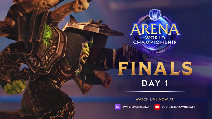 An image thumbnail promoting the Arena World Championship Season 1 Finals. Bold lettering underneath the program logo proclaims "Finals - Day 1", positioned directly above two links to the Warcraft channels on Twitch and YouTube.