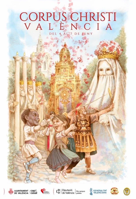 Cartel Corpus Christi València: niños bailando en procesión, altar dorado y gran figura enmascarada coronada.