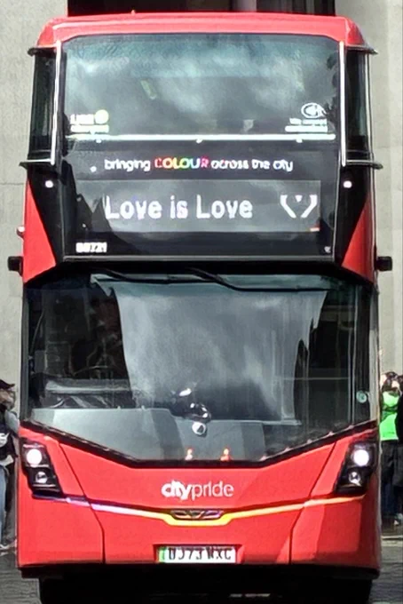 Oxford Bus Company bus with “love is love” written as its destination and ‘citypride’ written on the front of it.
