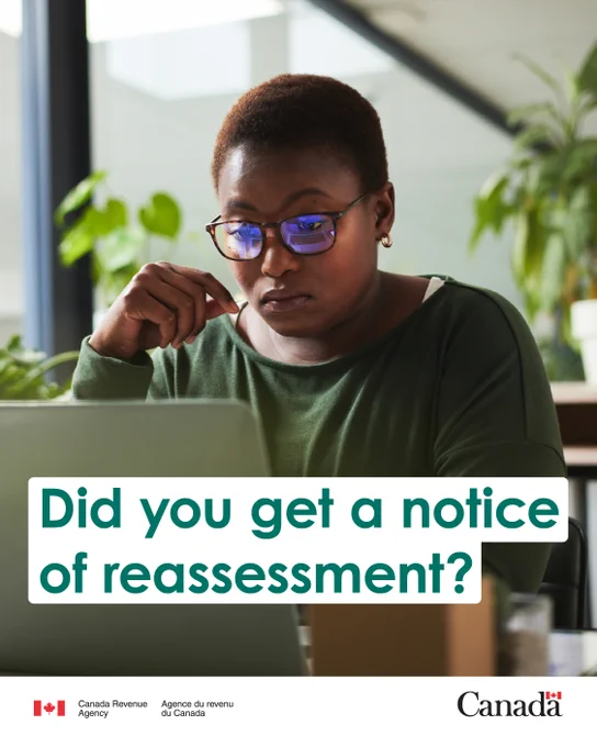 A person working on a laptop with the following onscreen text: “Did you get a notice of reassessment?“.