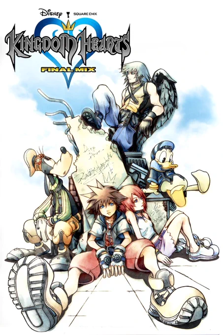 KINGDOM HEARTS FINAL MIX

Sora et Kairi adossés sur un rocher, Dingo à gauche, Donald à droite assis et Riku en hauteur le pied sur le rocher avec des ailes noires.