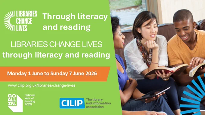 Three people sitting on a couch reading books together, promoting literacy and reading for Libraries Change Lives campaign.