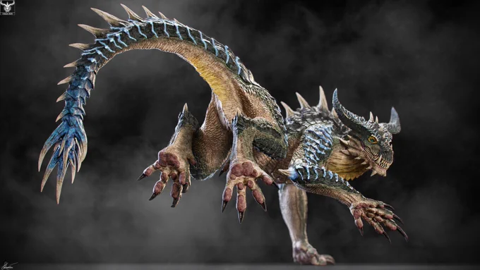 Detailed 3D render of a green-brown scaly dragon named Marshfang crawling forward with glowing blue ridges on its spine and a spiked tail against a dark foggy background.