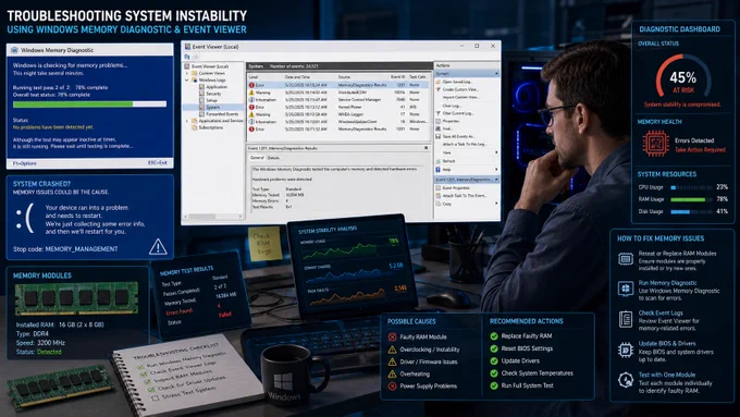 Man studying Windows memory diagnostics and Event Viewer on a desk, with alerts about system instability, RAM errors, and fixes