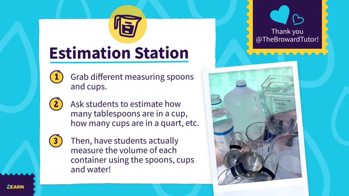 This image is a graphic titled "Estimation Station." It provides a three-step activity guide involving measuring spoons, cups, and water. The steps suggest estimating quantities in various containers and then measuring to check accuracy. To the right is a photo of the measuring tools and containers. A thank you note acknowledges TheBrowardTutor.