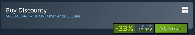 Discounty steam screenshot showing the game is on a discount of 33%.