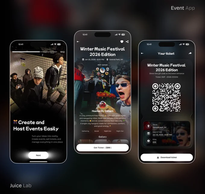 Mobile event management app concept featuring event discovery, festival details, attendee engagement, digital ticketing with QR codes, and a modern dark-themed user interface designed for seamless event experiences.