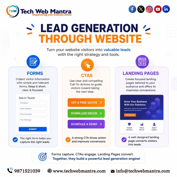 Tech Web Mantra lead generation website graphic highlighting contact forms, call-to-action buttons, and landing pages designed to convert website visitors into qualified leads. The visual showcases website lead generation strategies, conversion optimization, customer acquisition, landing page design, and business growth solutions for companies across India.











lead generation website, lead generation services India, website lead generation, lead generation company India, website development company India, website design company India, landing page design services, lead capture forms, conversion optimization services, business website development, lead generation agency, lead generation website design, website conversion optimization, landing page development, website marketing solutions, online lead generation, customer acquisition services, website inquiry generation, lead generation strategy, website design services India, digital marketing leads, business growth solutions