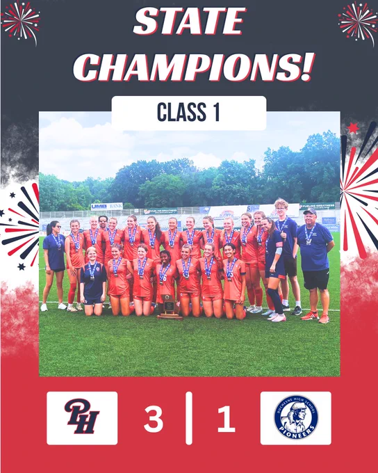 A high school girls' soccer team celebrates their state championship win. The mood is joyful and triumphant as they pose with medals and a trophy.