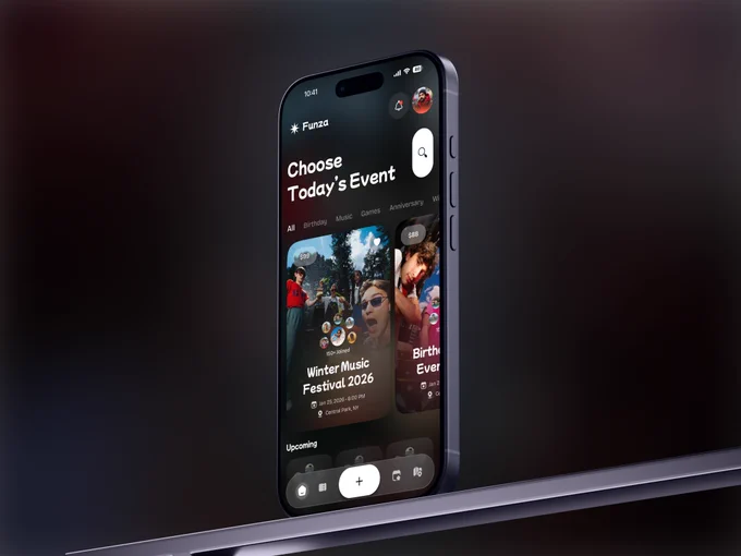 Modern event discovery mobile app concept displayed on a smartphone mockup, featuring event browsing, festival recommendations, social engagement, ticket purchasing, and a dark immersive user interface designed for seamless event exploration.