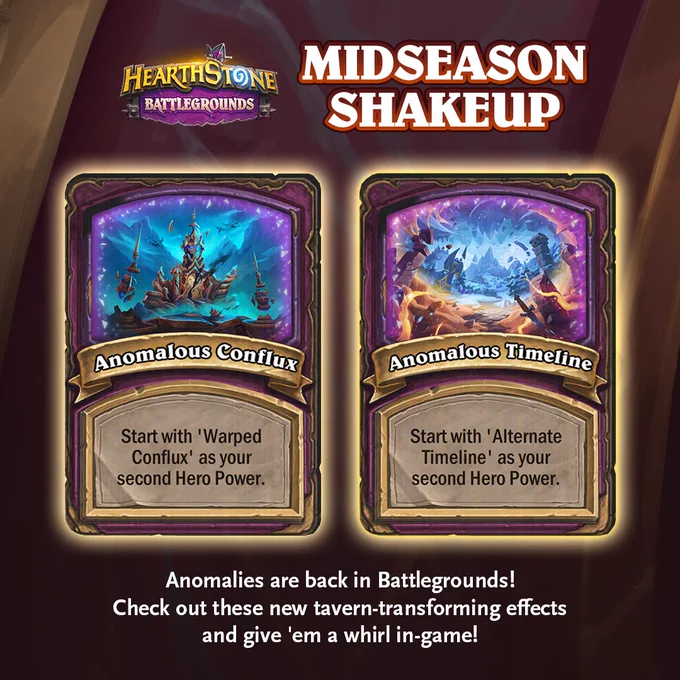 A Hearthstone Battlegrounds graphic titled Midseason Shakeup featuring two anomaly cards, Anomalous Conflux and Anomalous Timeline, with descriptions about starting with them as your second Hero Power, and text below saying Anomalies are back and to try them out.