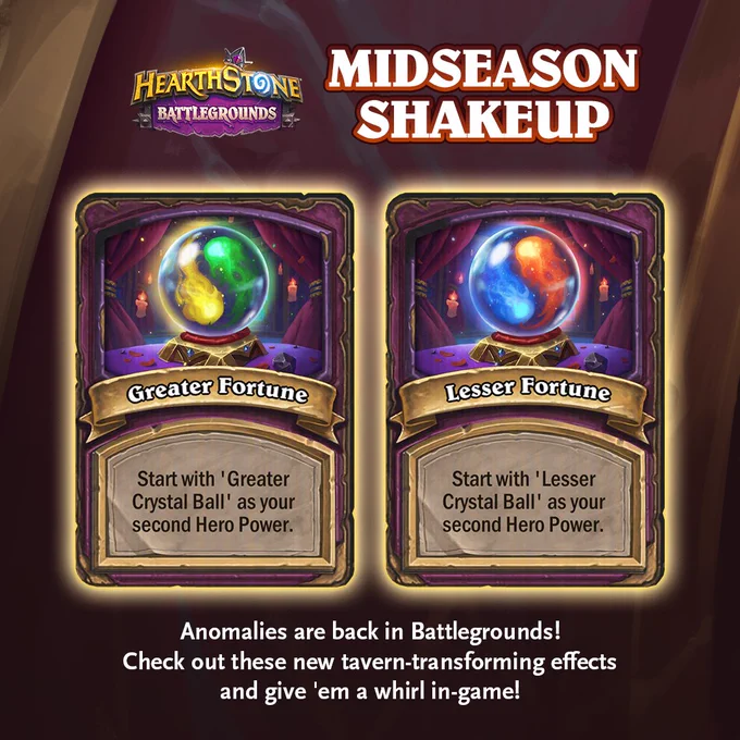 A Hearthstone Battlegrounds graphic titled Midseason Shakeup featuring two anomaly cards, Greater Fortune and Lesser Fortune, showing crystal balls, each granting a second Hero Power, and text below saying Anomalies are back and to try them out.