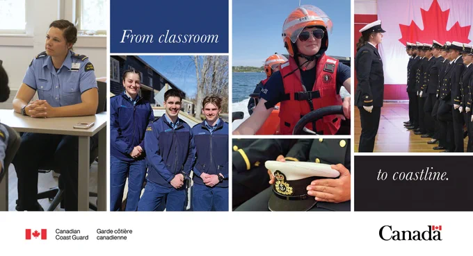 A graphic shows multiple scenes from training to service. On the left, a uniformed Coast Guard member sits at a desk in a classroom setting. In the center, three recruits in blue uniforms stand outdoors near a training building. To the right, a crew member wearing a helmet and life jacket operates a small boat on the water. Another image shows a formal lineup of uniformed personnel standing in front of a large Canadian flag. A close-up shows hands holding a white peaked cap with a Coast Guard insignia. Text across the images reads “From classroom to coastline."