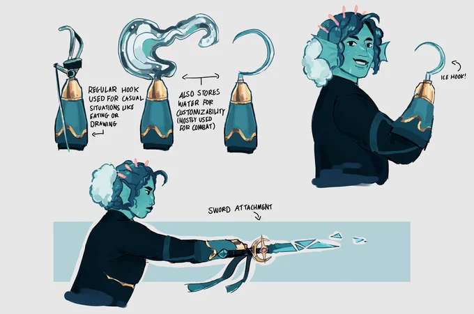 Digital drawing. Top left corner is comprised of three drawings of a prosthetic hand. One has a body powered hook, (text reads: "Regular hook used for casual situations like eating or drawing") one has floating water over the top, (text reads: "Also stores water for customizability, mostly used for combat") and one has an ice hook. On the right Gillion Tidestrider is posing with the ice hook. The bottom of the page has Gillion with his sword attached to the prosthetic.