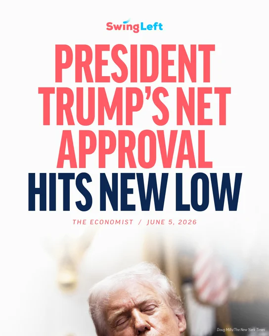 Headline reads: President Trump's Net Approval Hits New Low (The Economist, June 5) 
