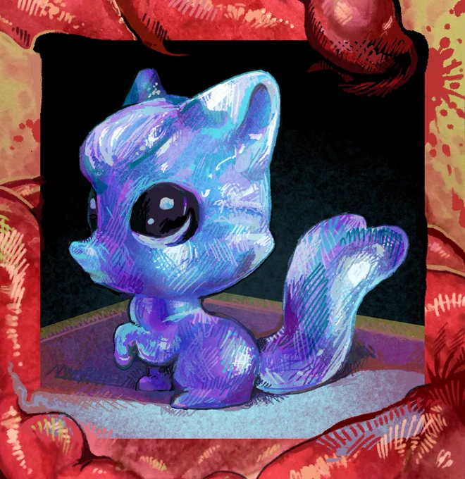 A digital illustration of a blue transparent plastic lps fox. It poses on a flat purple surface in a dark room, surrounded by a border of organs that overlap into the central frame.
