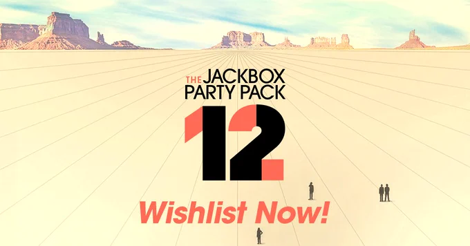 The Jackbox Party Pack 12 logo and "Wishlist now!" over a desert liminal space