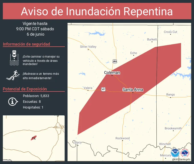 Este gráfico muestra la localización en el mapa de un aviso de inundación repentina. El aviso estará en efecto hasta las 9:00 PM CDT. El aviso incluye a Coleman TX, Santa Anna TX. El aviso incluye el noroeste del condado de Brown en el oeste centro de Texas y el sureste del condado de Coleman en el oeste centro de Texas. ¡Evite caminar o manejar su vehículo a través de áreas inundadas! ¡Muévase a un terreno más alto inmediatamente! Hay 5,833 personas bajo este aviso incluyendo 8 escuelas y 1 hospital.