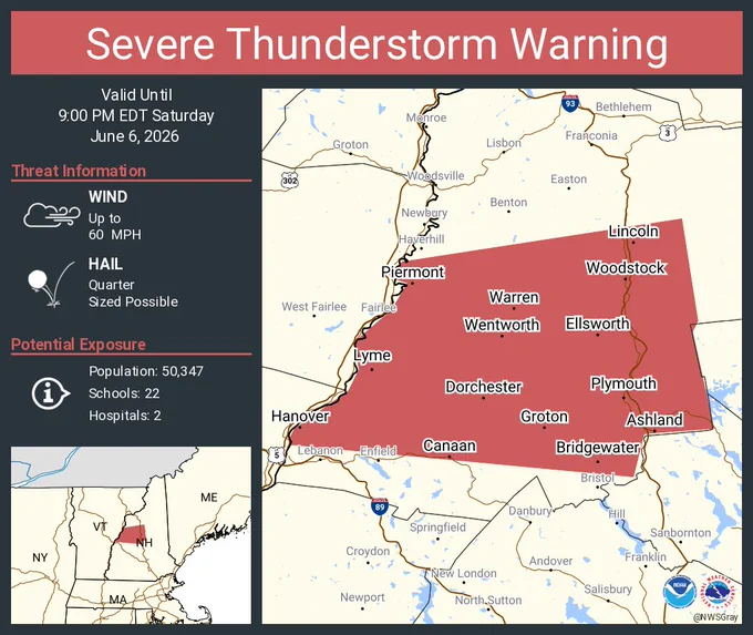 This graphic displays a severe thunderstorm warning plotted on a map. The warning is in effect until 9:00 PM EDT. The warning includes Hanover NH, Plymouth NH and Wilder VT.  This warning is for Southern Grafton County in northern New Hampshire. The threats associated with this warning are wind gusts up to 60 MPH and quarter sized hail. There are 50,347 people in the warning along with 22 schools and 2 hospitals.