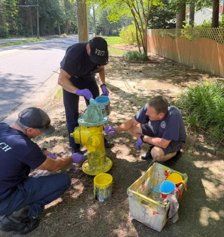 Three individuals are painting a fire hydrant yellow and blue. They are wearing uniforms labeled "VBFD." They are using brushes and wearing purple gloves. Paint buckets and supplies are on the ground nearby, and there is a road and a wooden fence in the background.