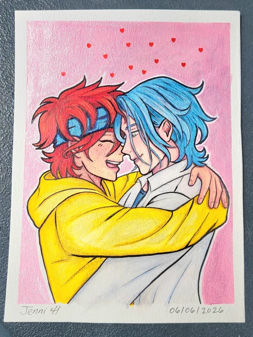 Fanart of Reki and Langa from the anime Sk8 The Infinity touching foreheads and looking in love on a shimmery pink background.
