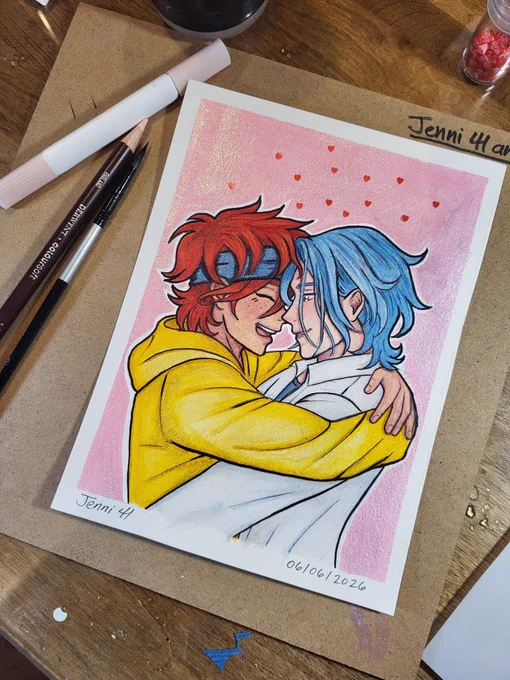 Fanart of Reki and Langa from the anime Sk8 The Infinity touching foreheads and looking in love on a shimmery pink background. Sitting on a brown board with art supplies around it.