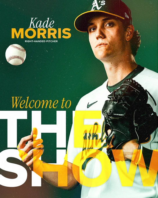 Green and gold background with a photo of Kade Morris and text that reads “Welcome to the Show Kade Morris RHP”