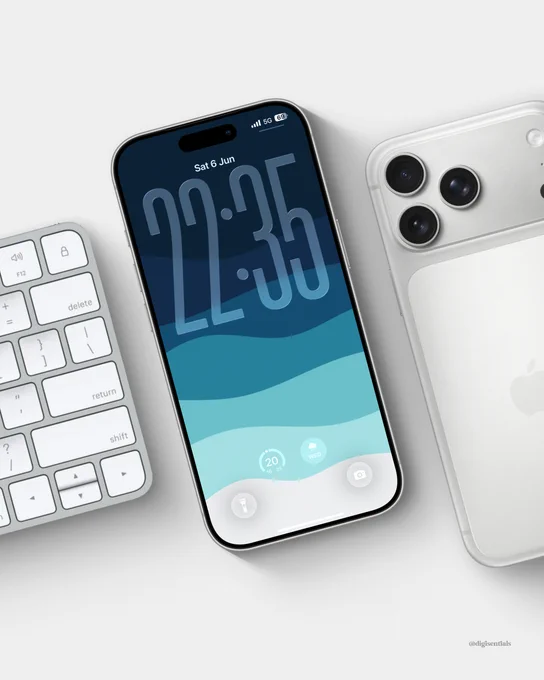Minimal blue wave lock screen wallpaper displayed on a silver iPhone mockup, featuring layered ocean-inspired gradients in navy, teal, and light aqua tones with a clean, modern aesthetic.