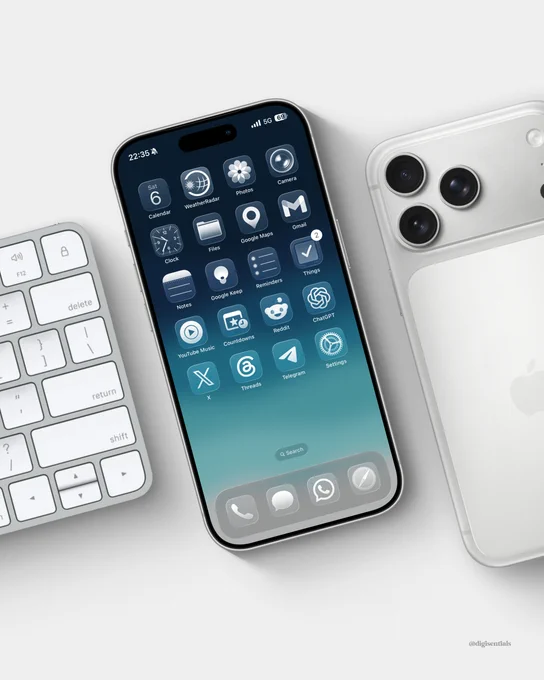 Minimal blue gradient home screen wallpaper showcased on a silver iPhone mockup, blending deep navy and soft teal hues behind monochromatic app icons for a clean and elegant setup.