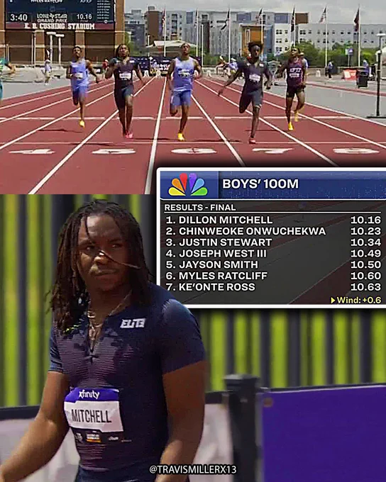 Low wind legal 10s by high school sophomores Dillon Mitchell and Chinweoke Onwuchekwa finishing 1-2 in Lone Star Grand Prix high school 100m race