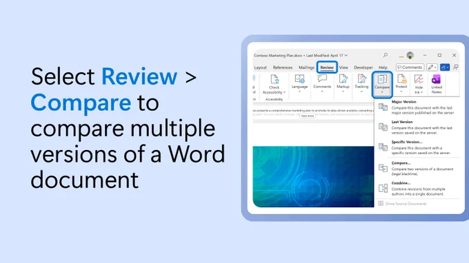 Text beside a partial screenshot of the compare drop-down menu in Microsoft Word says select Review, then Compare to compare multiple versions of a Word document.