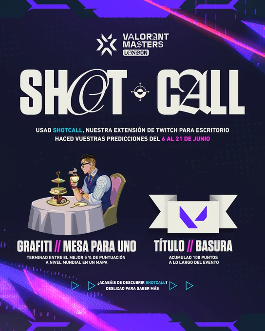 Imagen 1: Imagen promocional vertical para el Masters London de VALORANT con el título: "SHOTCALL". Anima a los espectadores a utilizar una extensión de Twitch para escritorio con la que hacer predicciones del 6 al 21 de junio con tal de conseguir recompensas. "GRAFITI // MESA PARA UNO": Aparece Chamber bebiéndose un té a solas sentado a una mesita, y se consigue terminando entre el mejor 5 % de puntuación en un mapa a nivel mundial. "TÍTULO // BASURA": Un estandarte blanco con un logo morado de VALORANT que se consigue acumulando 100 puntos durante el evento. En la parte inferior, dice: "¿Acabáis de descubrir Shotcall? Deslizad para saber más"