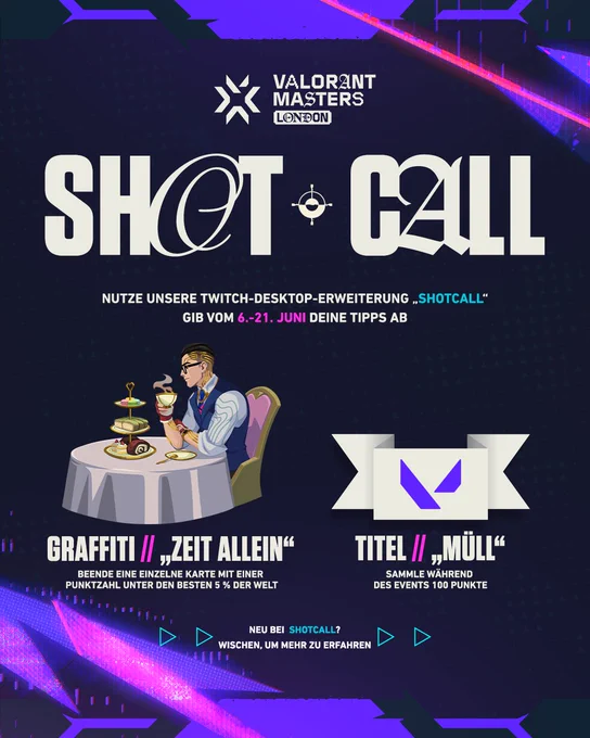 Image 1: Eine vertikale Werbegrafik mit dem Titel „BLITZTIPP“ für das VALORANT Masters London. Sie fordert Zuschauer auf, die Twitch-Desktop-Erweiterung zu nutzen, um zwischen dem 6. und 21. Juni Vorhersagen abzugeben und Belohnungen zu erhalten: GRAFFITI // „ZEIT ALLEIN“: Zeigt Chamber, wie er allein an einem Tisch mit Gebäck Tee trinkt; wird verdient, indem man eine einzelne Karte mit einer Punktzahl unter den besten 5 % der Welt beendet. TITEL // „MÜLL“: Ein weißes Banner mit einem violetten VALORANT-Logo; wird verdient, indem man während des Events 100 Punkte sammelt. Der Text unten lautet „NEU BEI BLITZTIPP? WISCHEN, UM MEHR ZU ERFAHREN“.