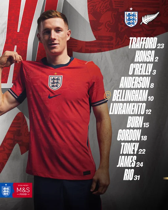 XI: Trafford, Konsa, O'Reilly, Anderson, Bellingham (C), Livramento, Burn, Gordon, Toney, James, Rio. 