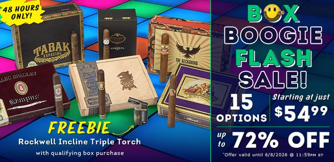 Image showing an advertisement for a "Box Boogie Flash Sale" with cigars and cigar boxes displayed against a colorful background. The banner states "48 Hours Only!" and offers 15 options starting at $54.99, with discounts up to 72% off. A promotion for a "Rockwell Incline Triple Torch" freebie comes with a qualifying box purchase. Offer valid until 6/8/2026 at 11:59 PM EST. Cigar brands included are Tabak Especial, Drew Estate, Alec Bradley, La Perla Habana, Torano, and The Reckoning. - Cigars International