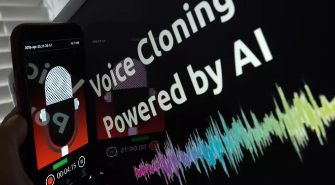 Computer screen showing the words "voice cloning powered by AI"