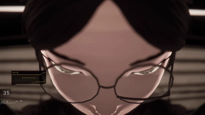 1000xRESIST screenshot. Zoomed in on Iris' face, showing her very cunty black glasses. She says, "......"