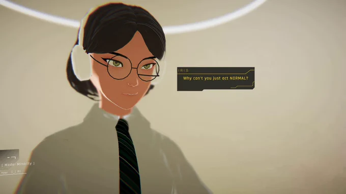 1000xRESIST screenshot. Iris is in a school uniform with headphones on. You can see her very cunty black glasses. She says, "Why can't you just act NORMAL?"