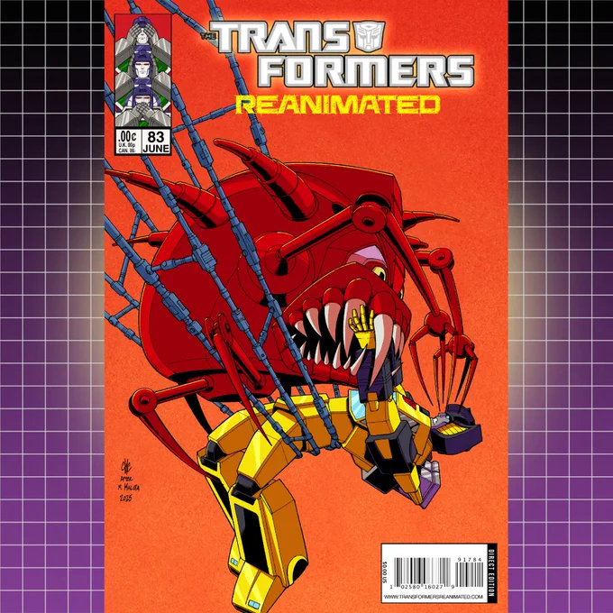 The cover for Transformers REANIMATED issue 83 features a Mecannibal trapping Sunstreaker in his legs with scary teeth and eyes.