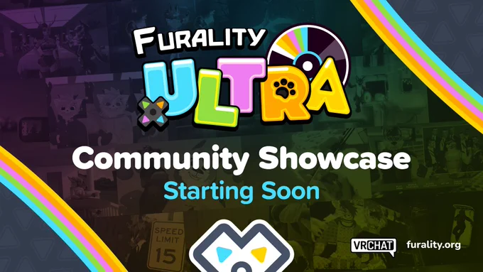 Graphic promoting the Furality Ultra Community Showcase. The foreground of the graphic includes Furality Ultra’s logo, text reading “Community Showcase, Starting Soon,” and other Ultra themed shapes and textures. In the background is a collage of freezeframes taken from the showcase.