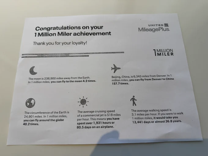 United Million Miler Acknowledgement