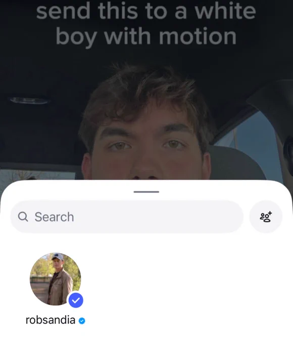 The image shows a screenshot of a reel on Instagram. In includes the interface of a search feature. Below the search bar, there is a profile with a verified badge named "robsandia" (Rob Sand's profile). The profile has a checkmark in the bottom left corner, as if it's going to be sent to him by the person who took the screenshot.